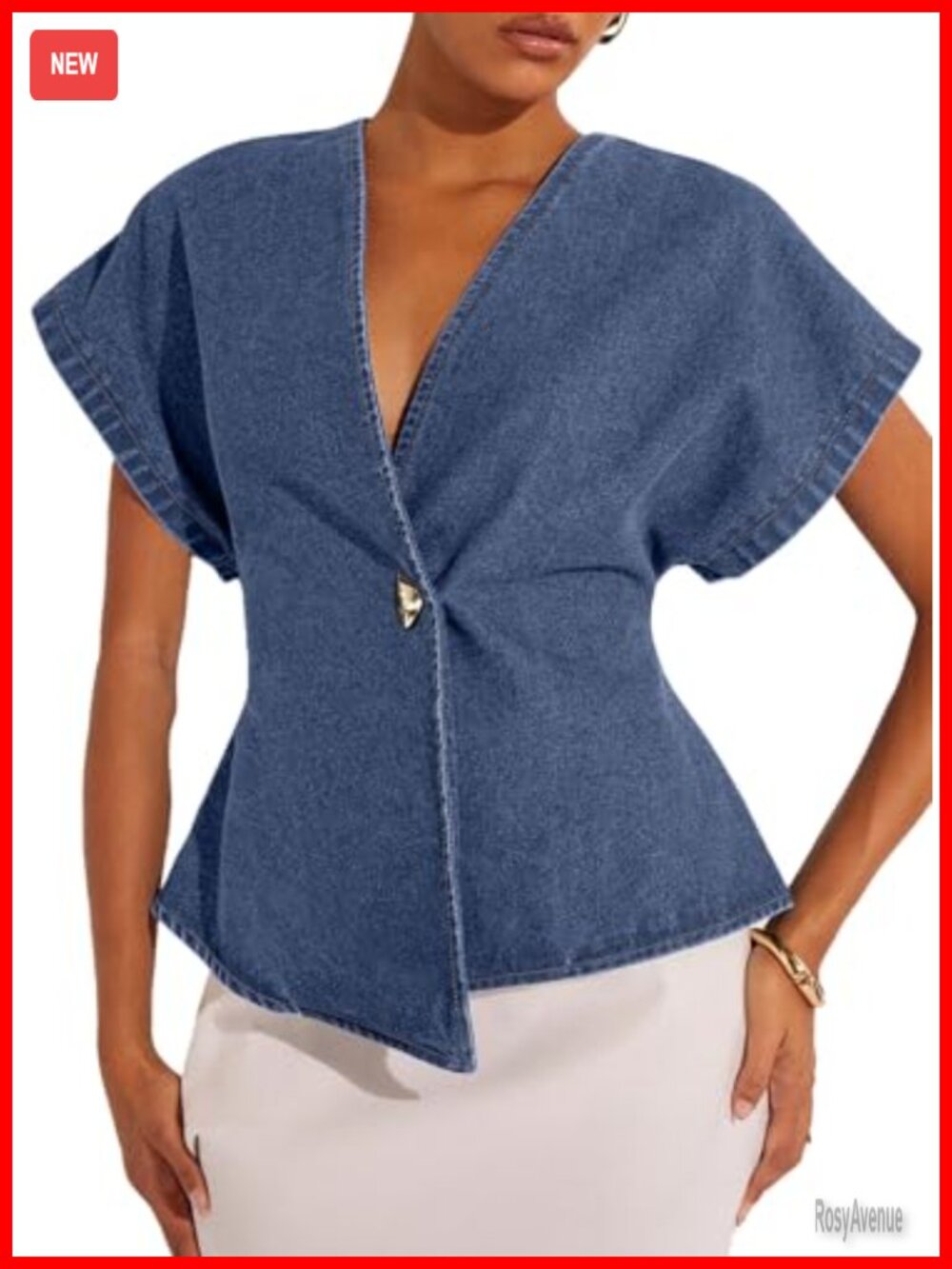 Women's Denim Button Down Shirt Short Sleeve Chambray Blouse Asymmetrical Top
